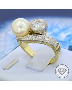 Akoya Perlen Diamant Ring 585 / 14 Kt Gold 0,50 Carat Gr.52,5