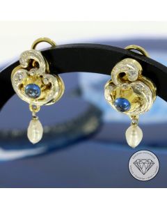 Bicolor Brillant Saphir Perlen Ohrringe Ohrclips 585 / 14 Kt Gold 