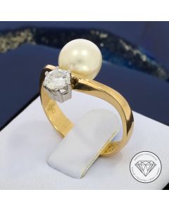 Solitär Brillant 0,35 Carat Perlen Ring 750 / 18 Karat Gold Gr. 57,5