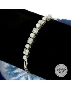 Antikes Jugendstil Brillant Perlen Armband 590 / 14 Kt Weiß Gold 0,75 Carat 1930er Jahre / 16,5 cm  