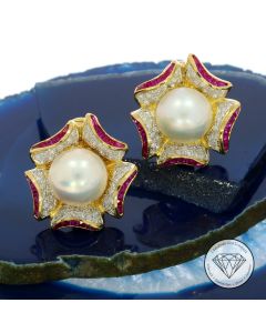 Brillant Rubin Mabé-Perlen Ohrringe 585 / 14 Karat Gold