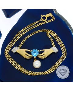 Blautopas-Herz Diamant Perle Collier Kette 585 / 14 KT Gold 41 cm