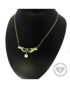 Diamant Blautopas Perle Herz Collier Kette 585 / 14 Kt Gelb Weiß Gold 41,0 cm