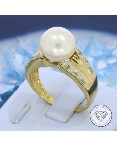 Akoya Perle Diamant Ring 585 / 14 Kt Gelb Gold Gr. 59
