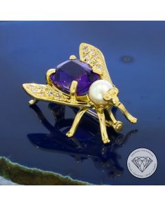 Diamant Amethyst Perlen "Fliege" Anstecknadel 750 Gold