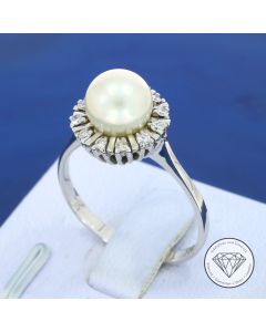 Akoya Perle Diamant Ring 750 / 18 Kt Wei&szlig; Gold Gr. 57