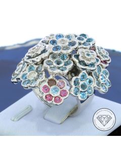 Floraler Blumen Designer Diamant Topas Turmalin Ring 750 / 18 Kt Wei&szlig; Gold 