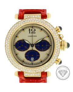 Cartier Pasha Chronograph mit Brillanten 750 / 18 Karat Gelb Gold Quarz Uhr 38mm 