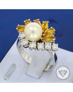 Brillant 0,70 ct Saphir Perlen Ring 585 / 14 Kt Wei&szlig; Gold